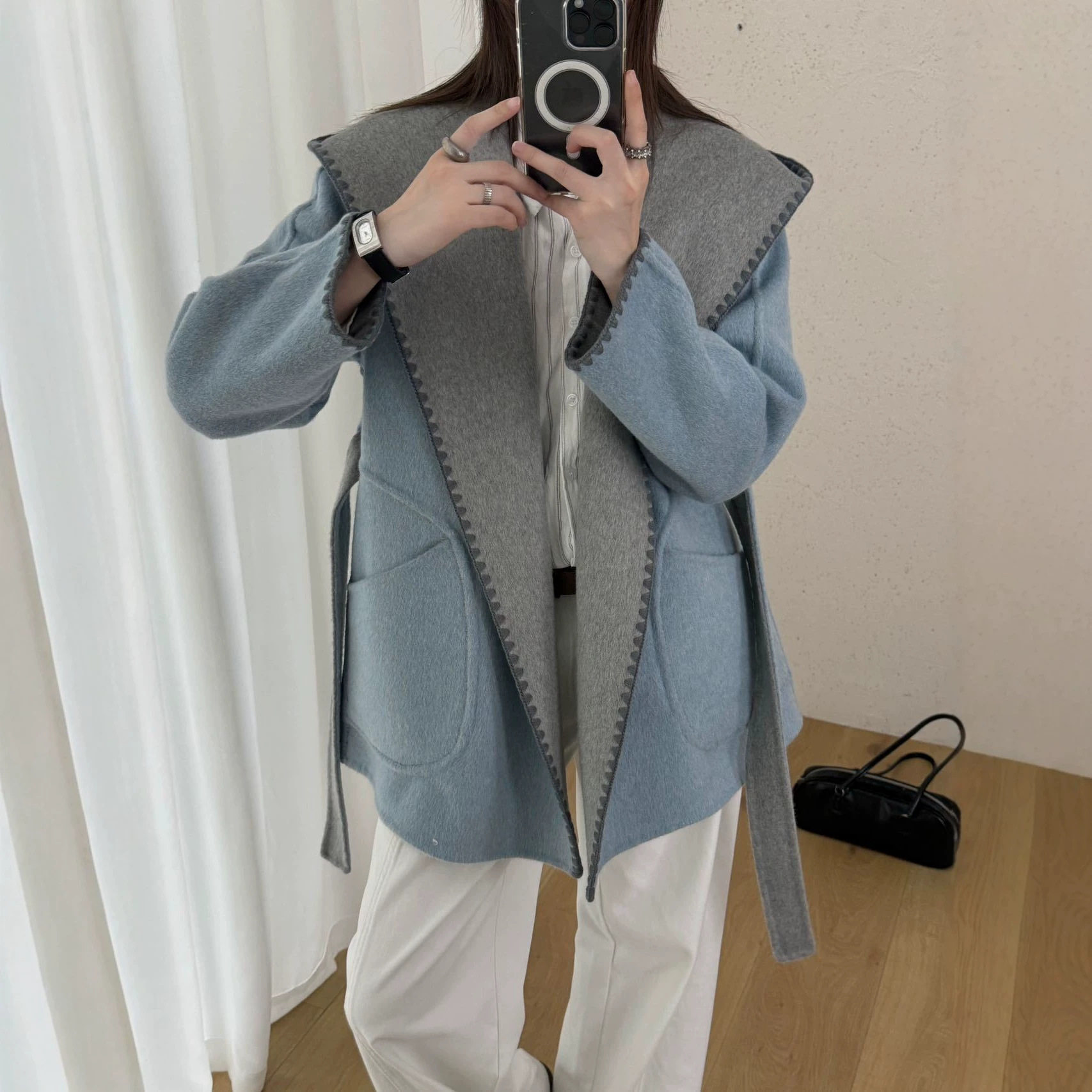韩系双面羊绒连帽中长大衣女秋冬