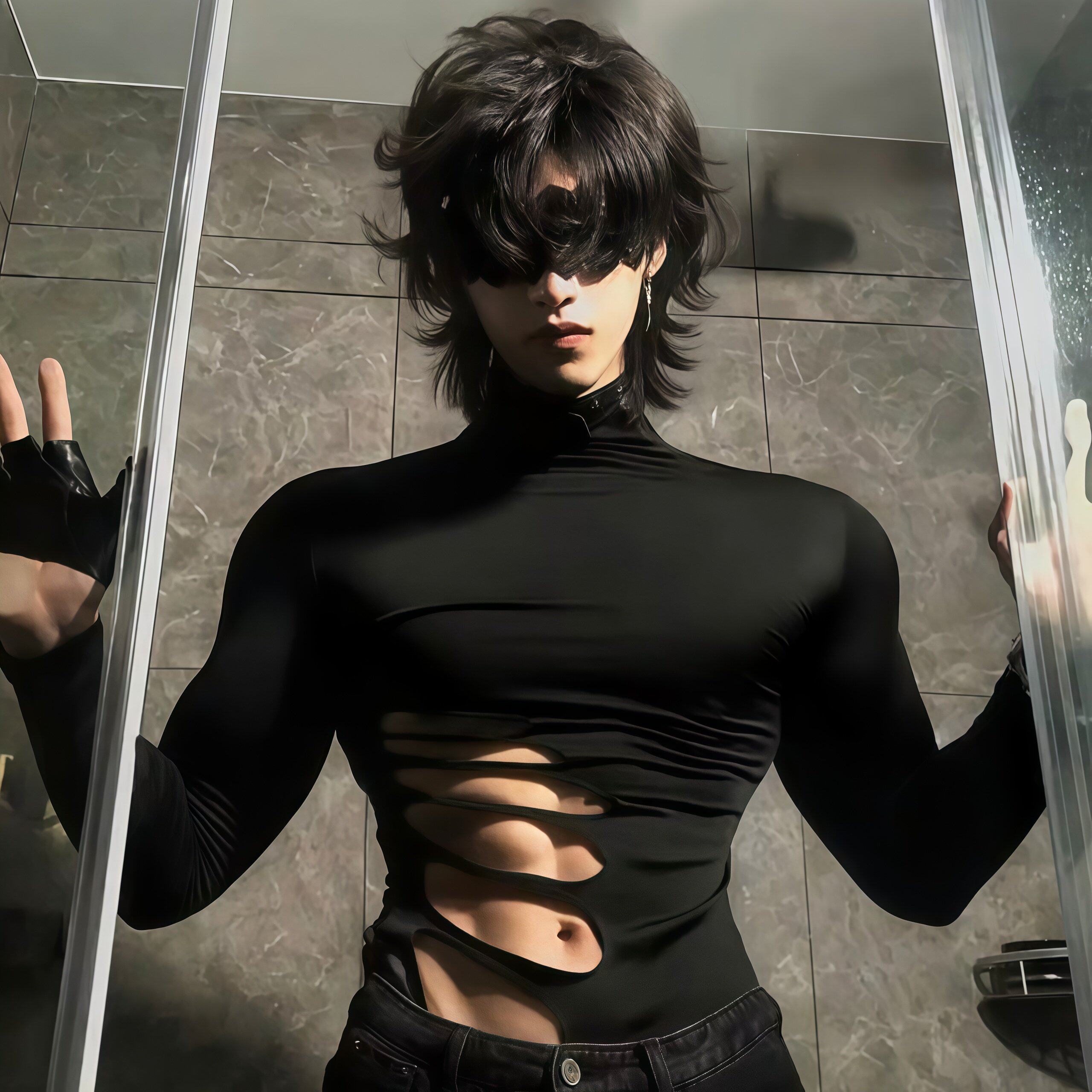 男士镂空紧身衣黑色性感高领T恤修身显瘦健身服高颜值个性打底衫