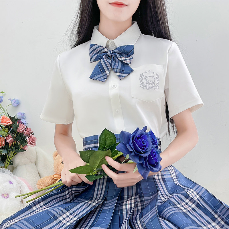 神月社原创设计jk乖萌熊刺绣短袖衬衫女夏季上衣春秋显瘦长袖衬衣