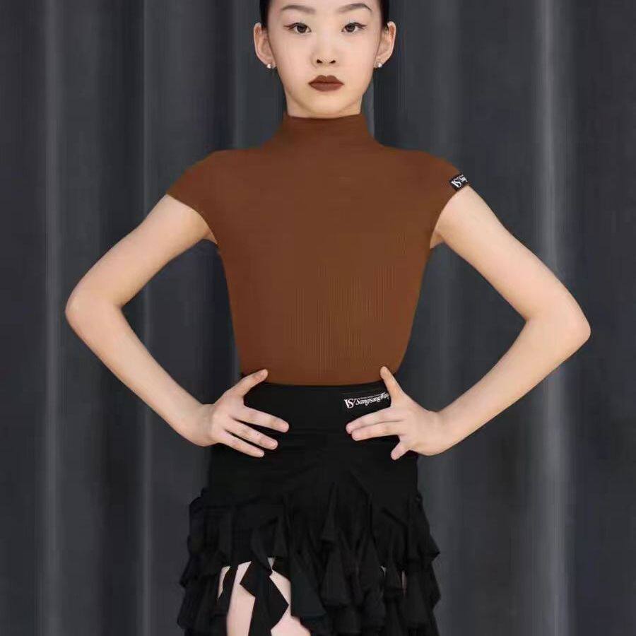 少儿拉丁舞裙新款短袖螺纹上衣女童高端国标荷花裙舞服装百搭夏季