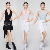 sswang舞服少儿拉丁舞春夏色彩螺纹挂脖露背绑带大裙摆围裙女童