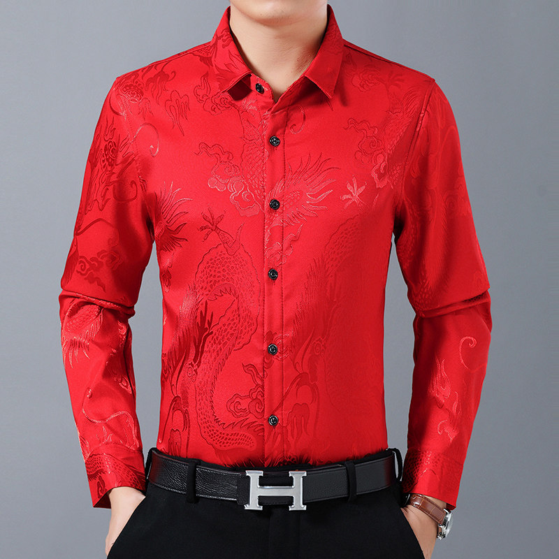 本命年红色龙图礼服秋装高档中老年男装桑蚕丝长袖衬衫男士衬衣服