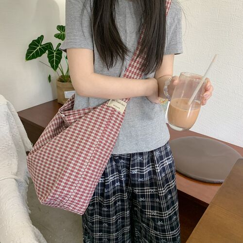 ins韩系休闲格子大容量慵懒新款通勤百搭单肩托特斜挎包