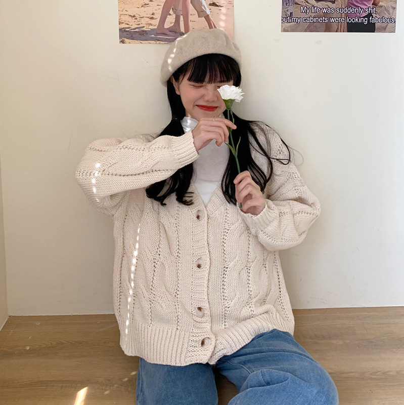 Real shot real price Korean chic solid color versatile jacquard T-shirt loose V-neck lazy sweater for women