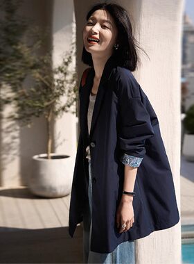 春秋内里撞色翻领风衣中长外套女