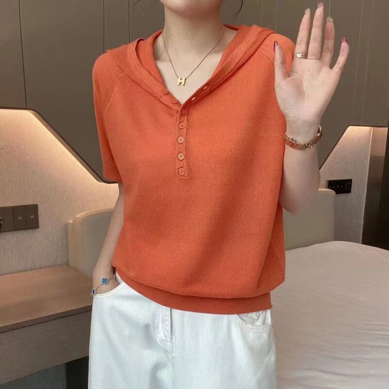 夏季连帽短袖t恤薄款冰丝针织衫
