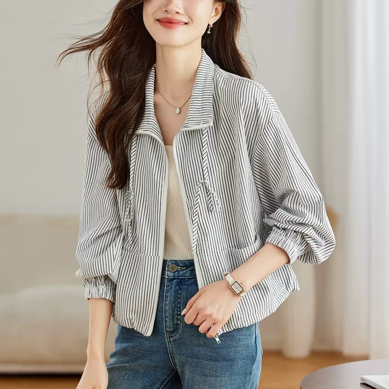 奥特莱斯大牌女装外贸清仓条纹拉链长袖薄款外套休闲上衣纯棉衬衣
