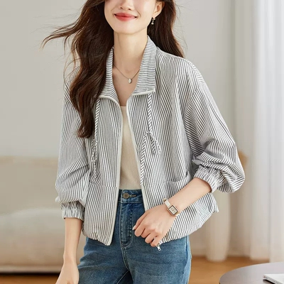 条纹拉链长袖短外套休闲纯棉衬衣