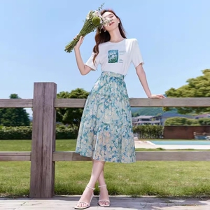 夏季休闲t恤碎花半身裙两件套女