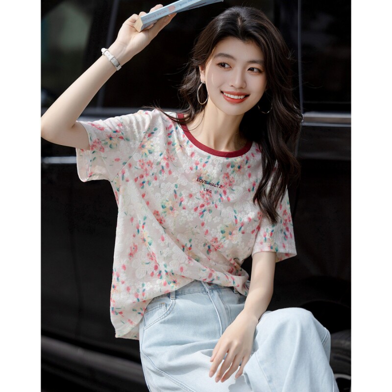 夏季撞色圆领字母绣花短袖t恤女