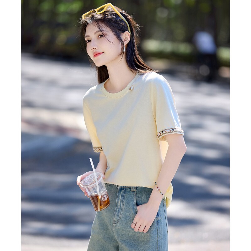 温柔气质花边拼接宽松短袖T恤女