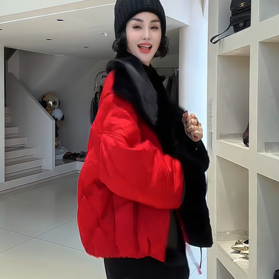 正流行红色毛毛领国风羽绒服外套