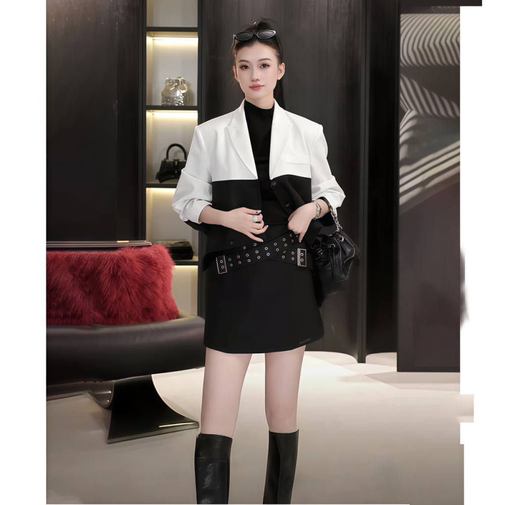 2026年春季时尚新款法式轻熟风女款黑白撞色西装外套女高级感百搭