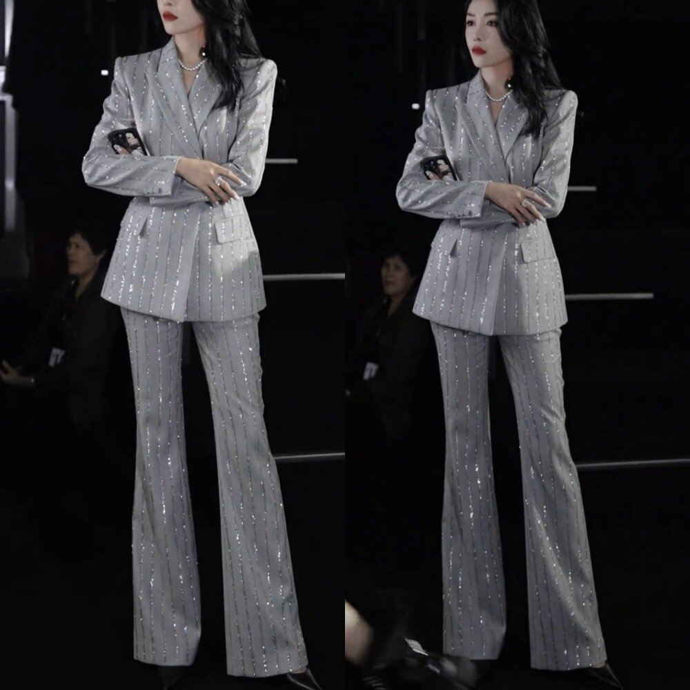 2026年春季新款女时尚百搭气质显瘦珠片西装外套高腰长裤两件套装