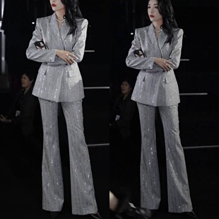 2026年春季新款女时尚百搭气质显瘦珠片西装外套高腰长裤两件套装