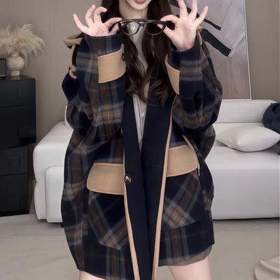 宽松连帽藏青色格纹长袖毛呢外套