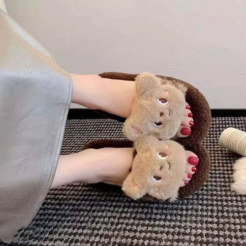 韩版舒适小熊可爱毛毛拖鞋女秋冬季居家防滑棉拖软妹家用保暖外穿
