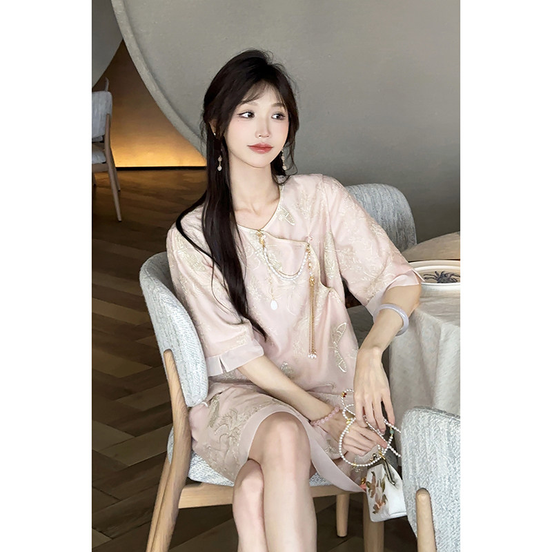 果果短裙家 传花信/粉色新中式国风连衣裙女夏季2024新款提花刺绣
