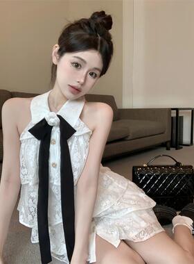 甜美挂脖蕾丝连衣裙仙女夏季飘带花朵露肩裙子气质a字蛋糕裙短裙