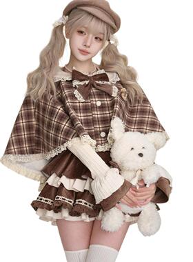 2024年新款甜美时尚斗篷蛋糕背带短裙内搭上衣三件套装