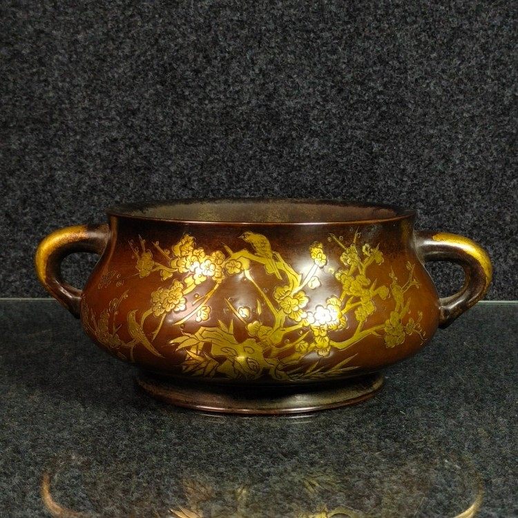 老件旧藏纯紫铜窦朱家藏清玩款錾刻鎏金喜上眉梢游龙耳香炉摆件