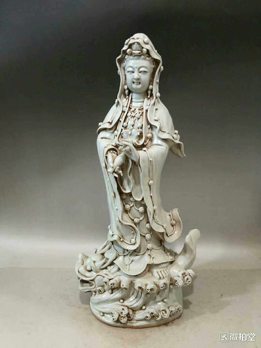 瓷雕观音佛像元代影青瓷雕刻高57公分站龙龟过江观音菩萨大摆件