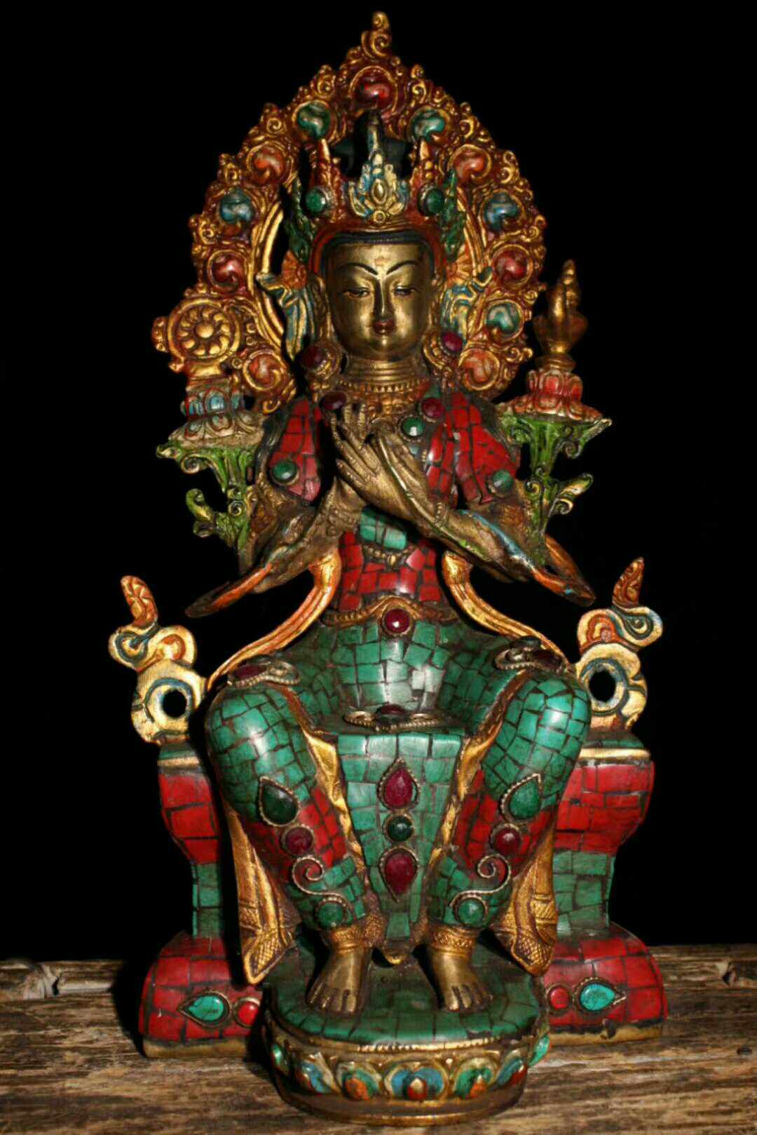 尼泊尔老铜老件绿松嵌八宝石描金高28*13公分坐佛天冠弥勒佛摆件