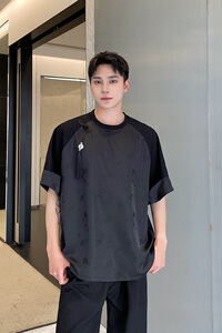 夏季新中式缎面提花拼接圆领短袖男女T恤复古风上衣9769P85图片