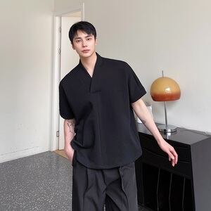 夏季改良中式休闲V领套头男半袖T恤韩版潮流纯色短袖上衣9745P70图片