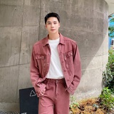 秋冬新款牛仔套装潮流多巴胺粉色翻领牛仔外套阔腿喇叭裤ZK15P195，男装工装外套，电商A246