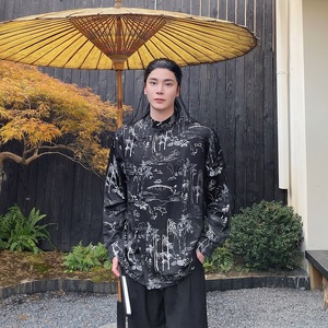 春季新中式锦缎提花立领盘扣长袖男女衬衣复古禅意衬衫2640P110图片