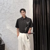 夏季新中式提花绣竹翻领盘扣短袖男女衬衣复古风衬衫5259P100，男装衬衫，电商A246