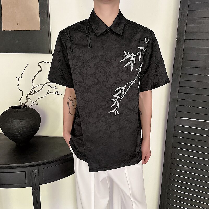 夏季新中式提花绣竹翻领盘扣短袖男女衬衣复古风衬衫5259P100,男装衬衫,电商A246