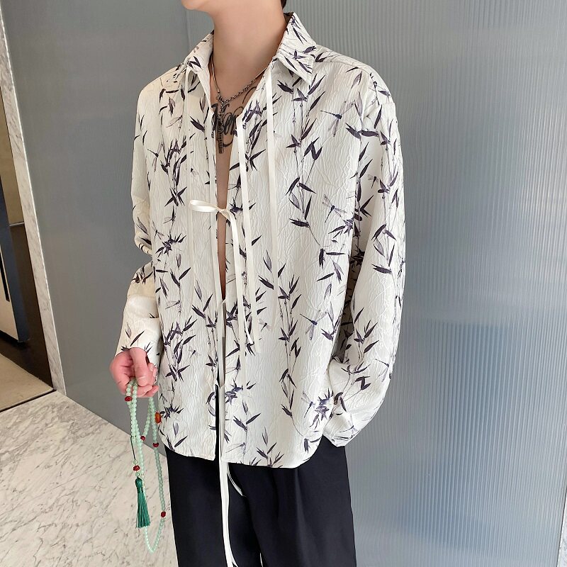 春季新中式水墨竹提花翻领长袖男女衬衣风禅意系带设计3556P95,男装衬衫,电商A246