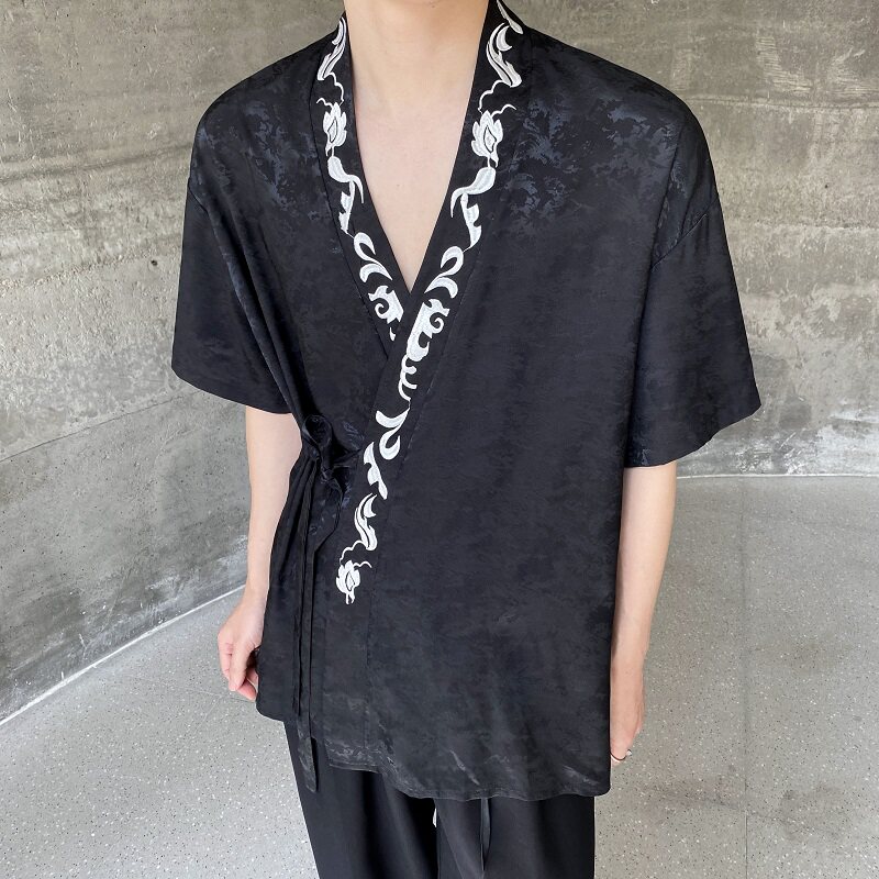 夏季新中式缎面提花刺绣绑带设计短袖男女衬衣风禅意9777P90,男装T恤,电商A246