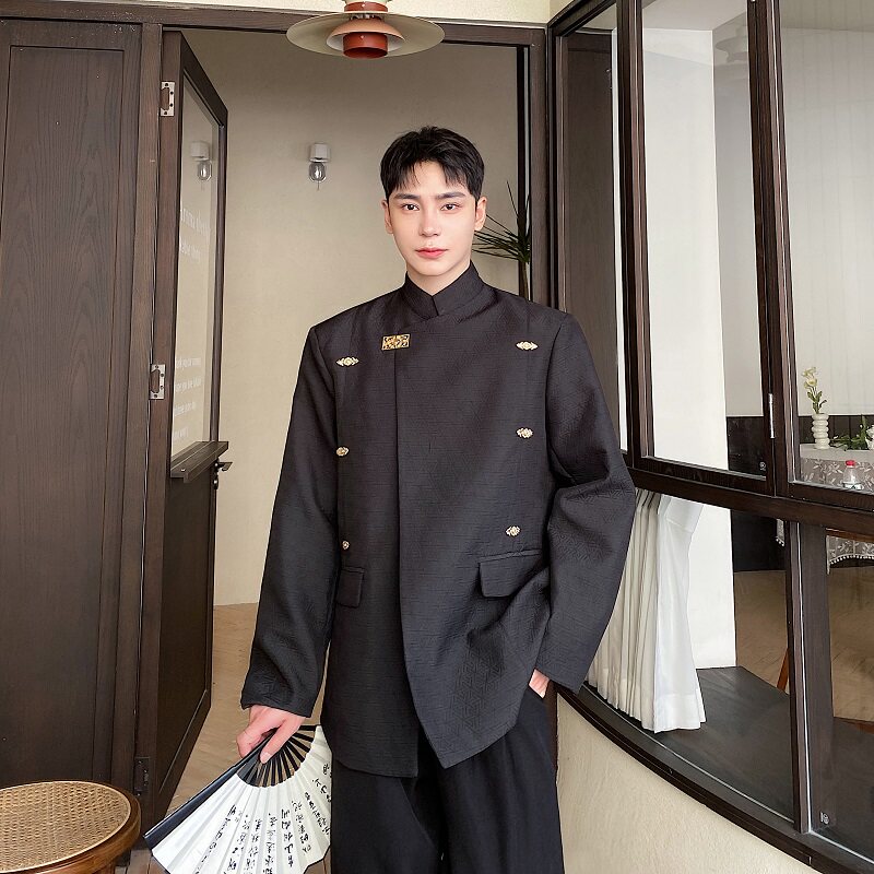 秋冬新中式立领金属扣西服个性立体纹理复古衬衣风外套3523P145,男装西服,电商A246