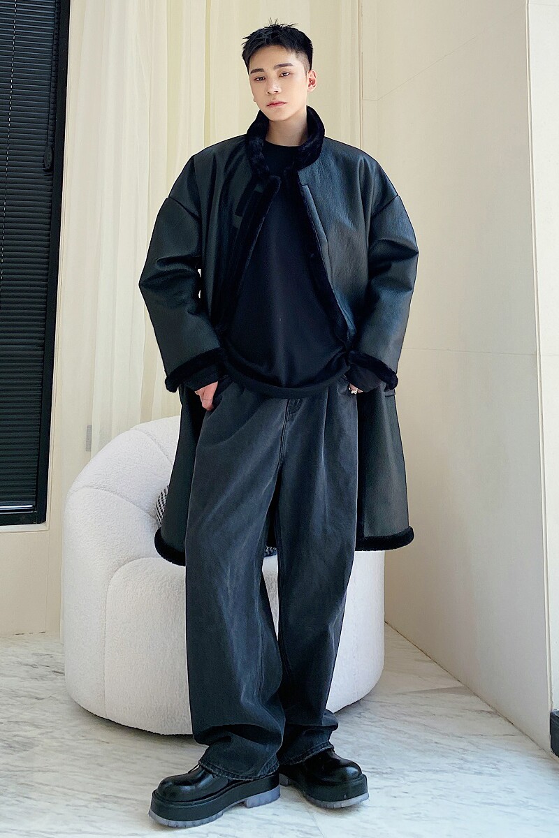 冬季加厚皮毛一体潮流暗黑立领长款皮衣外套保暖加绒棉衣2438P220,男装皮衣,电商A246