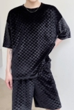 原创自制款潮流格纹暗花丝绒垂感气质休闲短袖短裤套装2389-P115，男装牛仔裤，电商A246