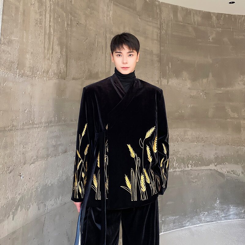 新中式重工艺麦穗刺绣丝绒垫肩西服阔腿长裤套装2635P265340,男装西服,电商A246
