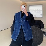 设计款小香风男款马甲个性肌理纹牛仔毛边洗水外搭坎肩3604P105，男装背心/马甲，电商A246