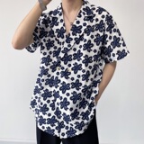 夏季简约复古印花西服领短袖男女衬衣潮流休闲衬衫2385P75，男装T恤，电商A246