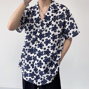 夏季简约复古印花西服领短袖男女衬衣潮流休闲衬衫2385P75图片