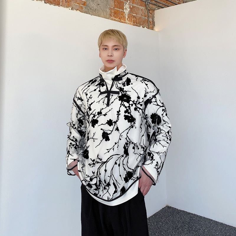 春夏欧根纱提花改良中式立领盘扣套头男女衬衣网纱外罩9740P75，男装衬衫，电商A246