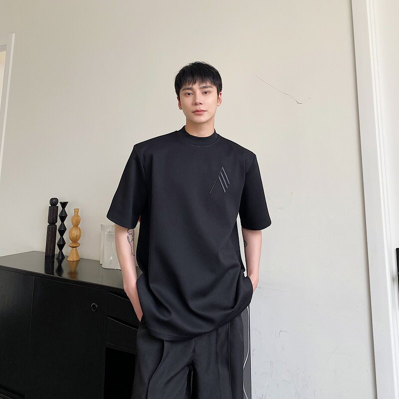 夏季简约纯色刺绣半高领男女短袖T恤韩版潮流休闲半袖2556P65图片