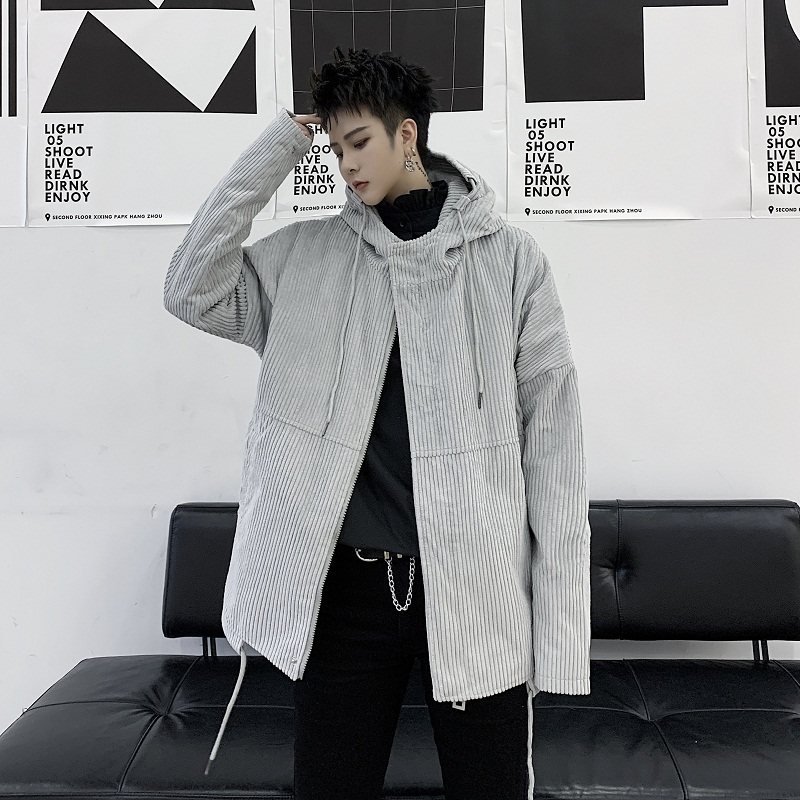 早春设计师款定制条绒连帽极简风气质灰宽松夹克外套A261-870-P95，男装夹克，电商A246