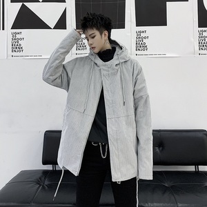 早春设计师款定制条绒连帽极简风气质灰宽松夹克外套A261-870-P95，男装夹克，电商A246