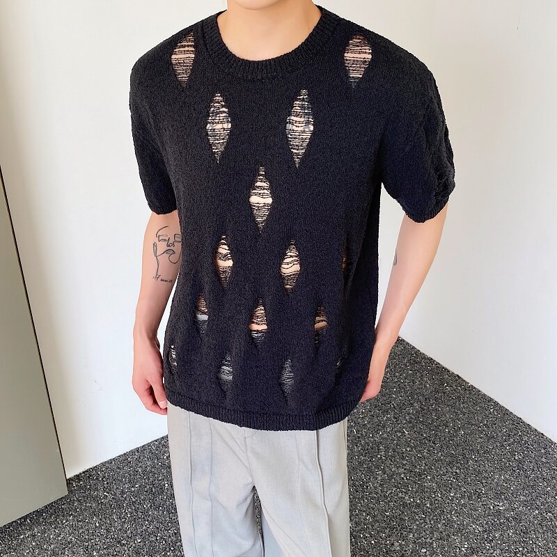 夏季简约禁欲系破洞设计圆领短袖针织衫男女潮流休闲半袖MY54P75图片