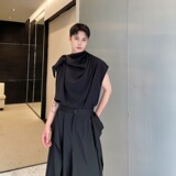 夏季潮流痞帅堆领飘带无袖坎肩男女衬衣气质纯色衬衫3567P75，男装衬衫，电商A246