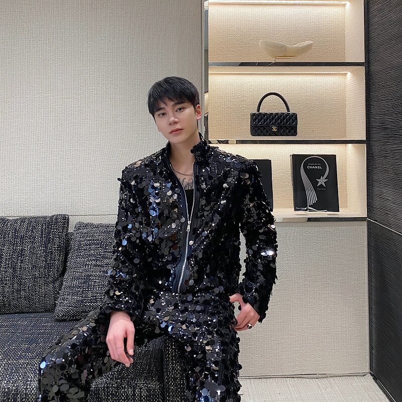 秋冬个性亮片立领短款夹克外套潮流痞帅舞台装演出服5244P165,男装夹克,电商A246