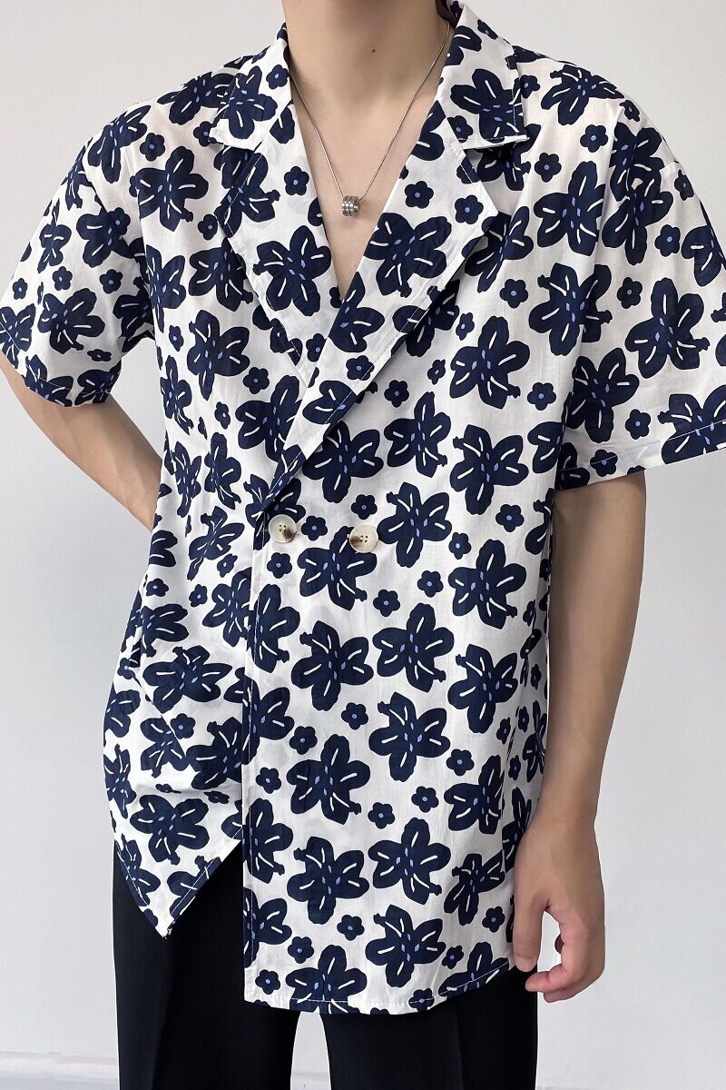 夏季简约复古印花西服领短袖男女衬衣潮流休闲衬衫2385P75,男装T恤,电商A246
